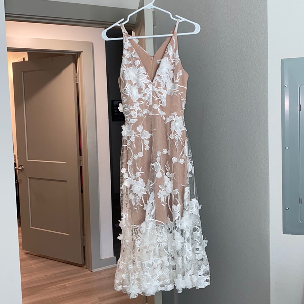 Dress the Population Women's Audrey Spaghetti Strap Midi A-line 3D Floral Dress